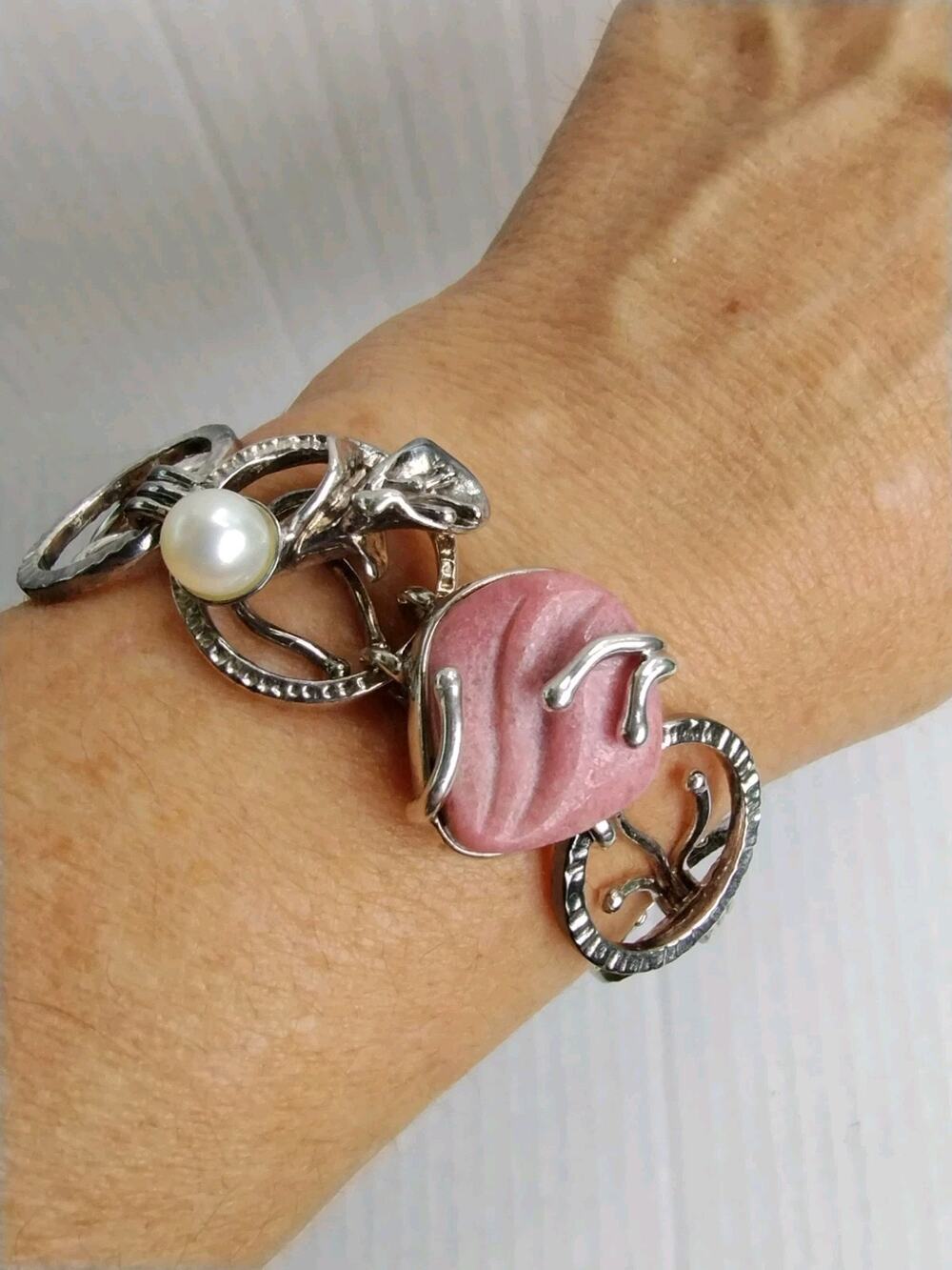 Fritz Casuse Carolyn Pollack Sterling Rhodonite & Pearl Toggle Bracelet NEW